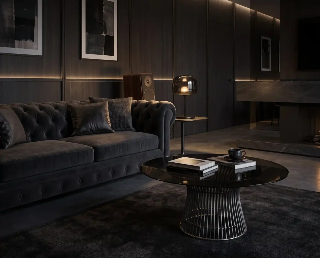 curveo Couchtisch integriert in einem modern eingerichteten Wohnzimmer vor einem Sofa.
