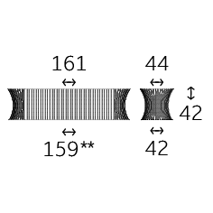 Maßskizze der curveo Sitzbank mit einer Höhe von 42 cm, einer Sitzflächenbreite von 44 bis 161 cm und einer Gestellbreite am Boden von 42 bis 159 cm.