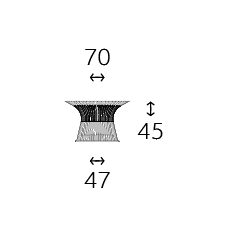 Maßskizze des Couchtischgestells: Höhe 45 cm, Durchmesser am Boden 47 cm, obere Auflagefläche 70 cm.