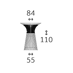 Maßskizze des curveo Stehtischs mit einer Höhe von 110 cm, einem Tischplattendurchmesser von 84 cm und einer Gestellbreite am Boden von 55 cm.