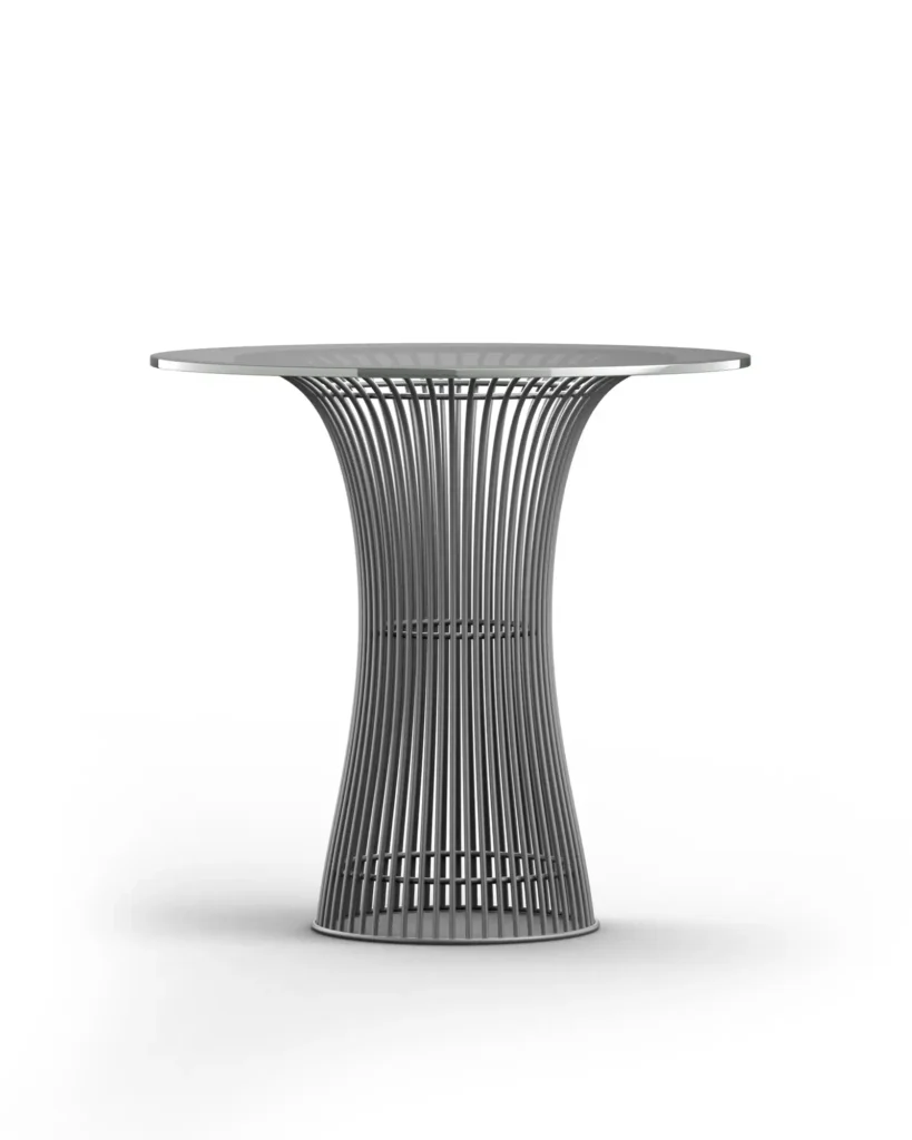 curveo Design-Stehtisch aus feingliedrigem, geschwungenem Stahldraht mit runder Glas-Tischplatte.