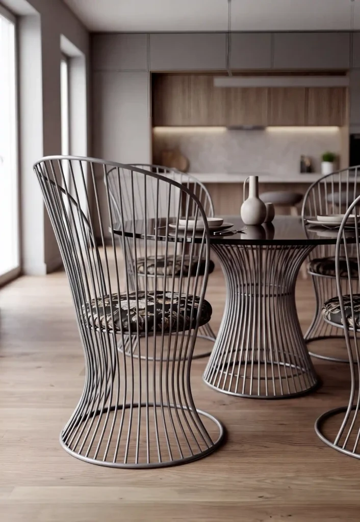 Moderne Wohnküche mit den curveo Stühlen aus dunklem Stahldraht an einem passenden curveo Esstisch.