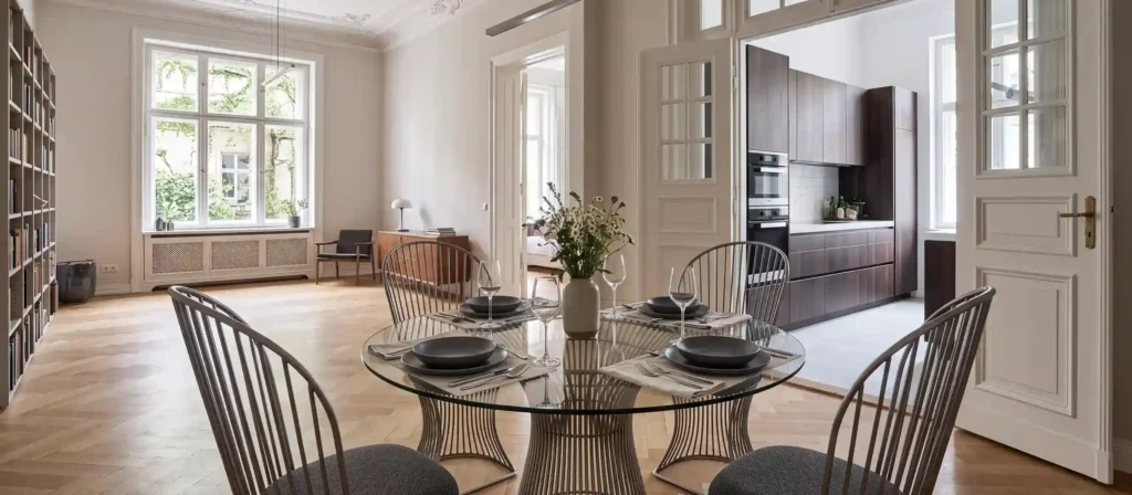Panoramaansicht eines hellen Essbereichs mit einer Sitzgruppe aus curveo Stühlen und abgestimmtem Esstisch in einem großzügigen Wohnraum.